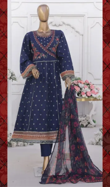 Pakistani Original Bin Saeed Luxury Stitched Cotton Gown 3 Pcs _ Navy Blue 